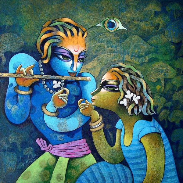 Religious acrylic painting titled 'Bansidhar 42', 24x24 inches, by artist Ramchandra B Pokale on Canvas