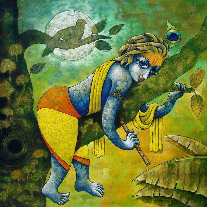 Religious acrylic painting titled 'Bansidhar 43', 24x24 inches, by artist Ramchandra B Pokale on Canvas