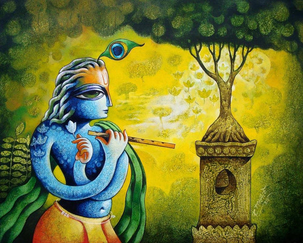 Religious acrylic painting titled 'Bansidhar 46', 24x30 inches, by artist Ramchandra B Pokale on Canvas