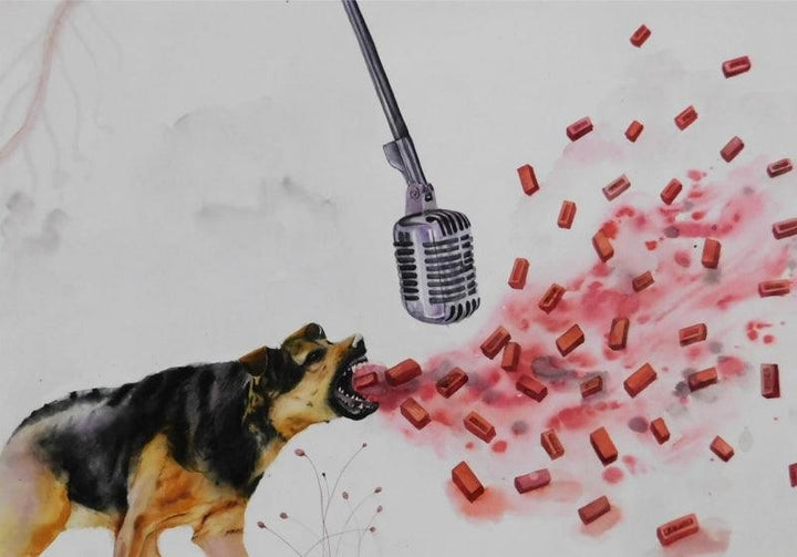 contemporary watercolor painting titled 'Barking Dog Seldom Bite', 19x22 inches, by artist Pranita Das on Paper