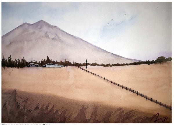 Cityscape watercolor painting titled 'Barren Landscape', 7x11 inches, by artist Arunava Ray on Paper