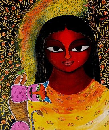 Figurative acrylic painting titled 'Basanti VIII', 25x27 inches, by artist Meenakshi Jha Banerjee on Canvas