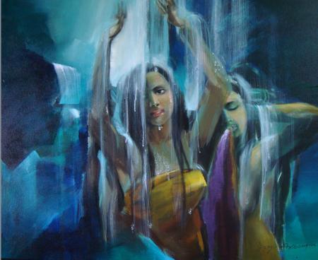 Nature acrylic painting titled 'Bath', 43x35 inches, by artist Joychandra Sharma on Canvas