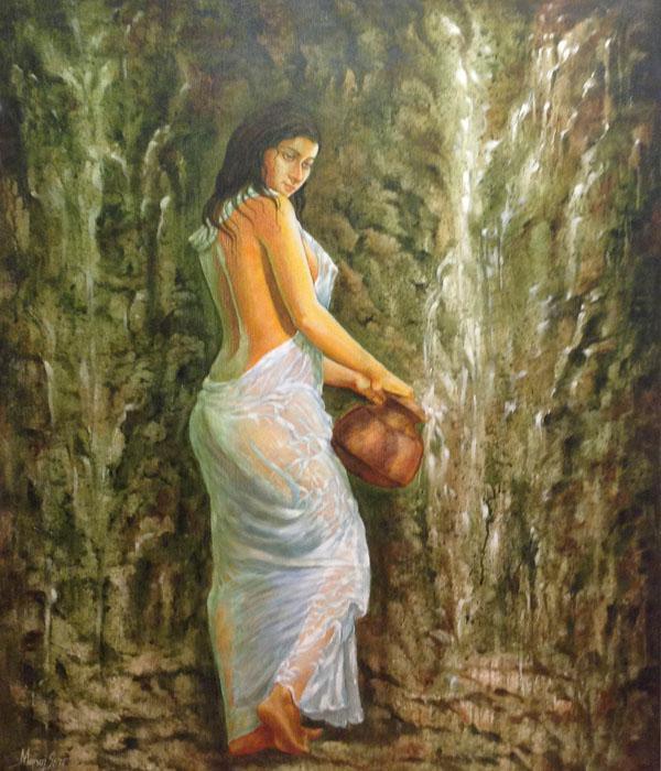 Figurative acrylic painting titled 'Bathing Woman', 46x36 inches, by artist Manoj Sen on Canvas