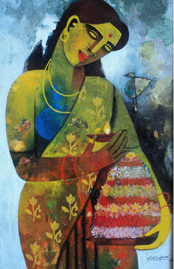 Figurative acrylic painting titled 'Bathukamma', 20x15 inches, by artist Appam Raghavendra on Canvas