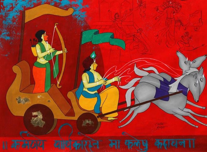 Figurative acrylic painting titled 'Battle Of Mahabharata 2', 33x46 inches, by artist Chetan Katigar on Canvas