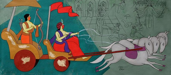 contemporary acrylic painting titled 'Battle Of Mahabharata', 23x51 inches, by artist Chetan Katigar on Canvas