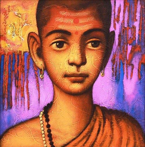 Religious acrylic painting titled 'Batu', 22x22 inches, by artist Shankar Devarukhe on Canvas