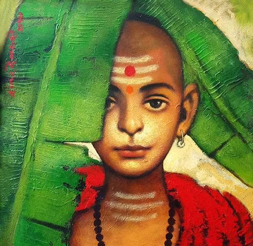 Religious acrylic painting titled 'Batu With Banana Leaf', 15x15 inches, by artist Shankar Devarukhe on Canvas