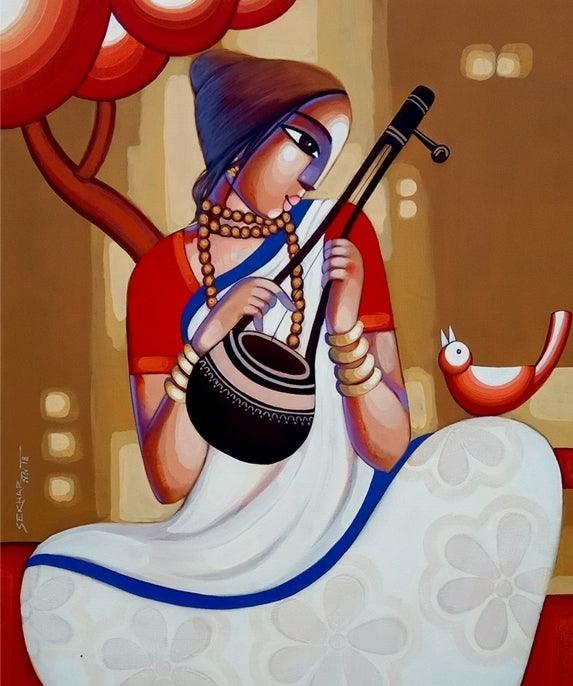 Figurative acrylic painting titled 'Baul 10', 36x30 inches, by artist Sekhar Roy on Canvas