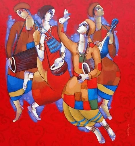 Figurative acrylic painting titled 'Baul 2', 72x63 inches, by artist Sekhar Roy on Canvas