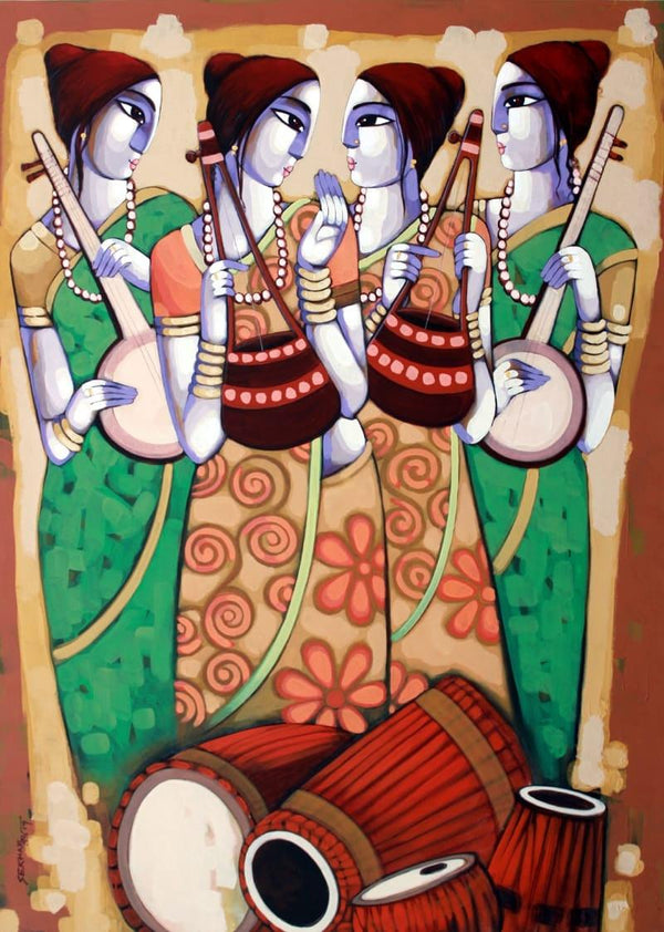 Figurative acrylic painting titled 'Baul 21', 66x48 inches, by artist Sekhar Roy on Canvas