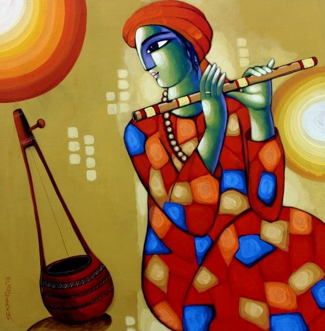 Religious acrylic painting titled 'Baul 5', 32x32 inches, by artist Sekhar Roy on Canvas