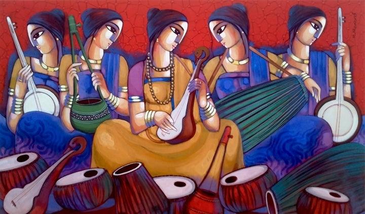 Figurative acrylic painting titled 'Baul 7', 36x60 inches, by artist Sekhar Roy on Canvas