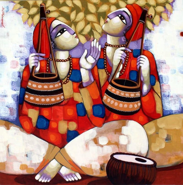 Figurative acrylic painting titled 'Baul', 36x36 inches, by artist Sekhar Roy on Canvas