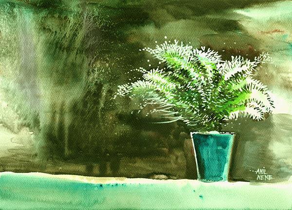 Landscape watercolor painting titled 'Bay Window Plant', 17x11 inches, by artist Anil Nene on Paper