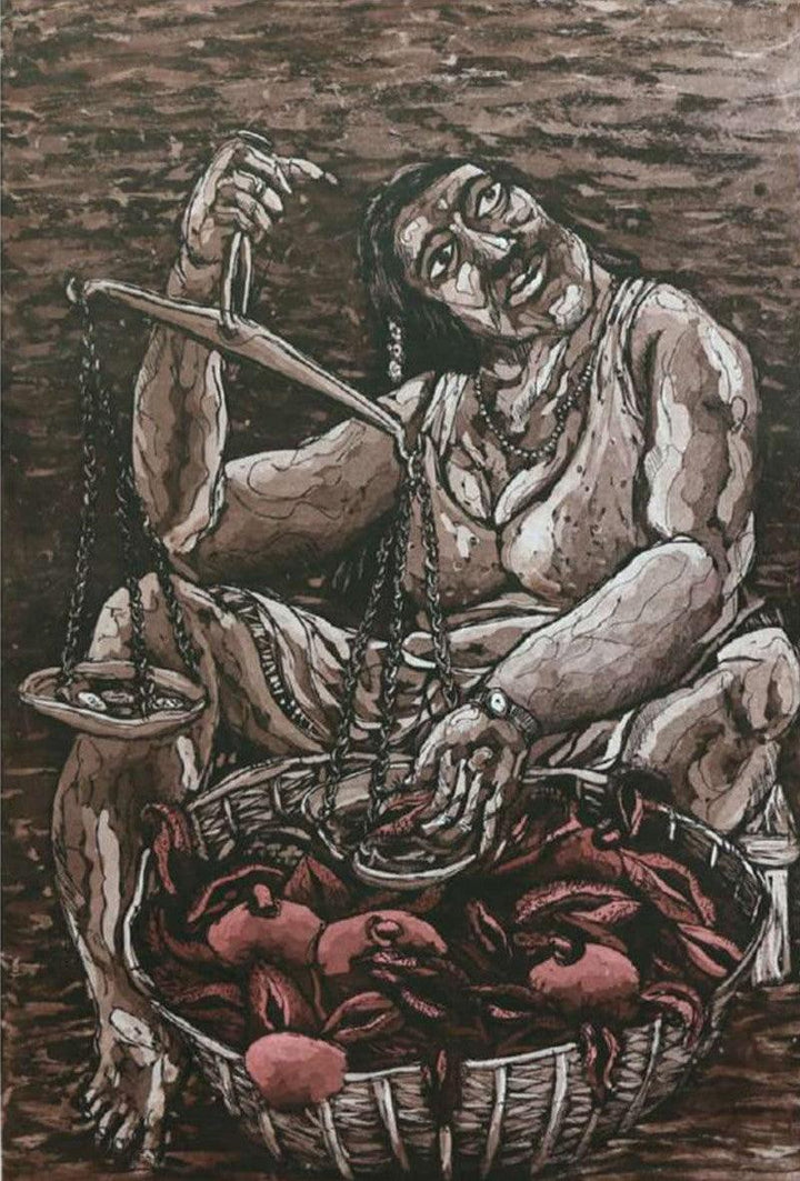 Figurative printmaking titled 'Bazaar 5', 30x20 inches, by artist Charandas Jadhav on Paper