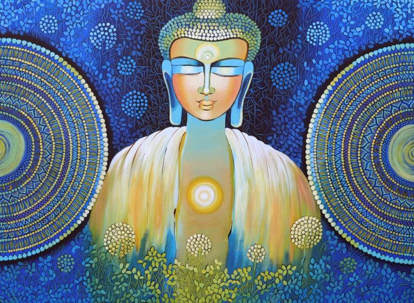 Religious acrylic painting titled 'Be A Buddha', 36x48 inches, by artist NITU CHHAJER on Canvas