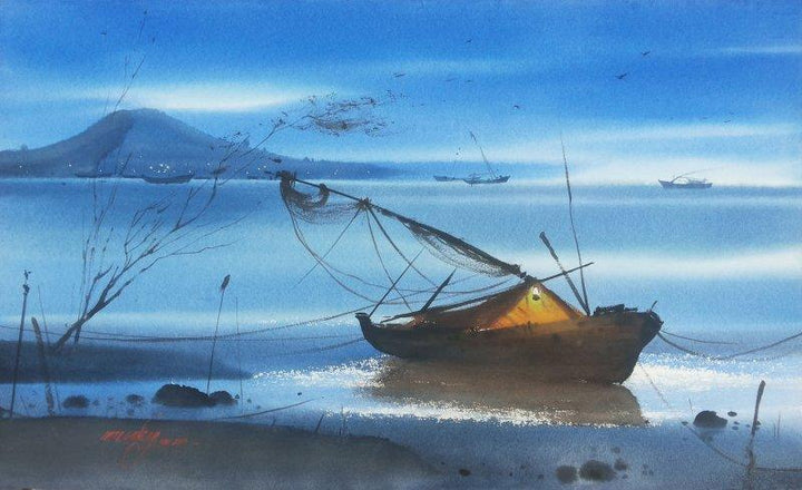 Nature watercolor painting titled 'Beach Boat & Water', 22x36 inches, by artist Ganesh Hire on Paper