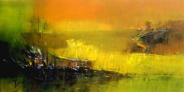 Abstract acrylic painting titled 'Beach Boat', 24x48 inches, by artist Dnyaneshwar Dhavale on canvas