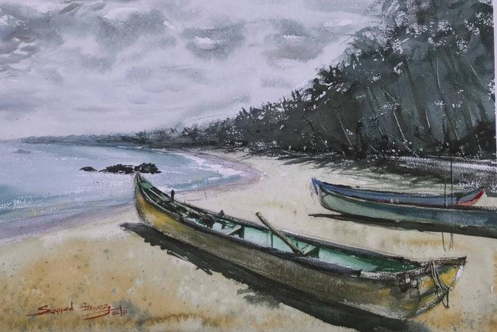 Landscape watercolor painting titled 'Beach Boat Mood', 14x20 inches, by artist KS Farvez on Paper