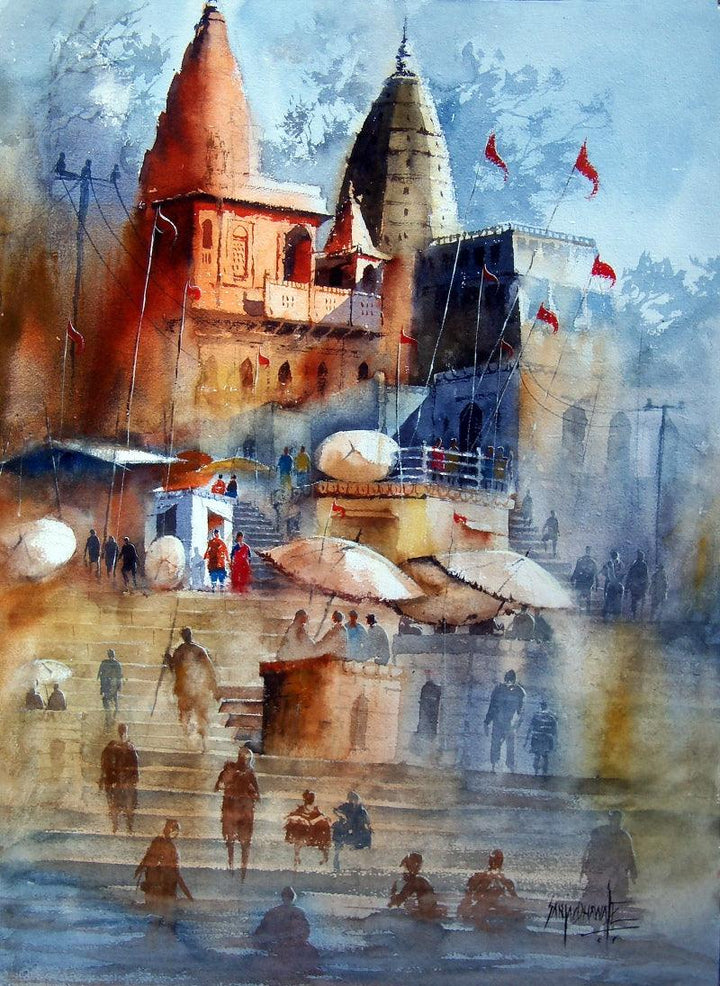 Cityscape watercolor painting titled 'Beautiful Banaras', 30x22 inches, by artist Sanjay Dhawale on Paper