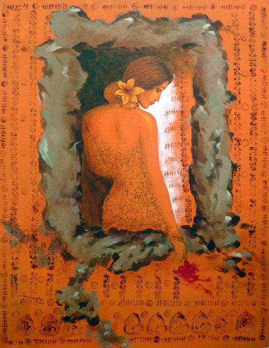 Figurative acrylic painting titled 'Beautiful Woman', 40x30 inches, by artist Manoj Sen on Canvas