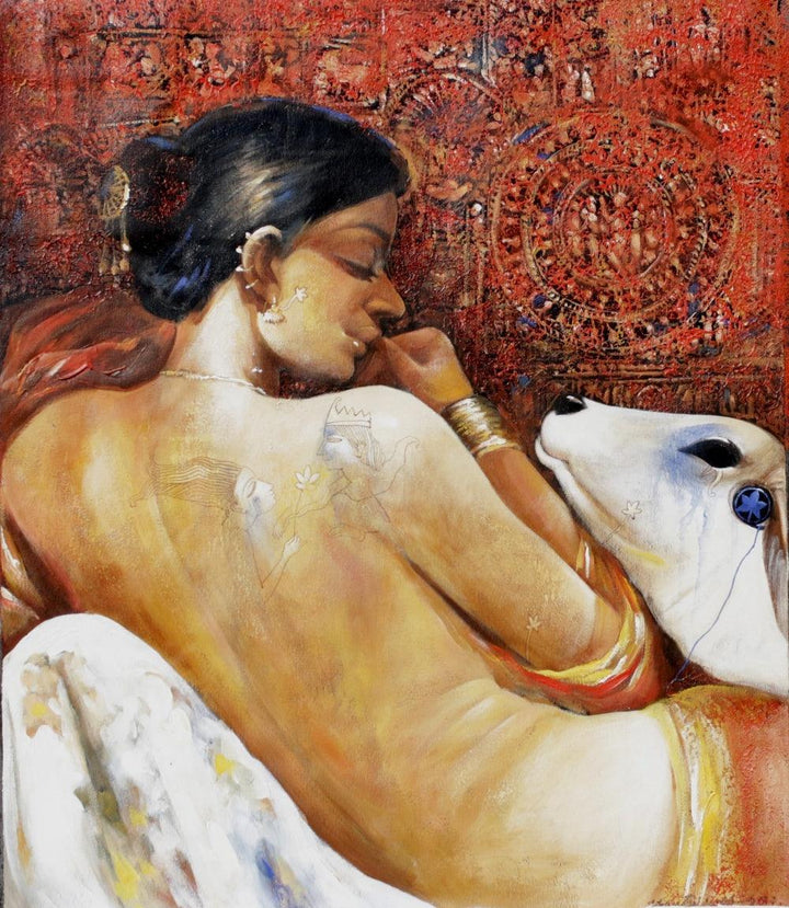 Figurative acrylic painting titled 'Beauty 1', 36x30 inches, by artist Jiban Biswas on Canvas