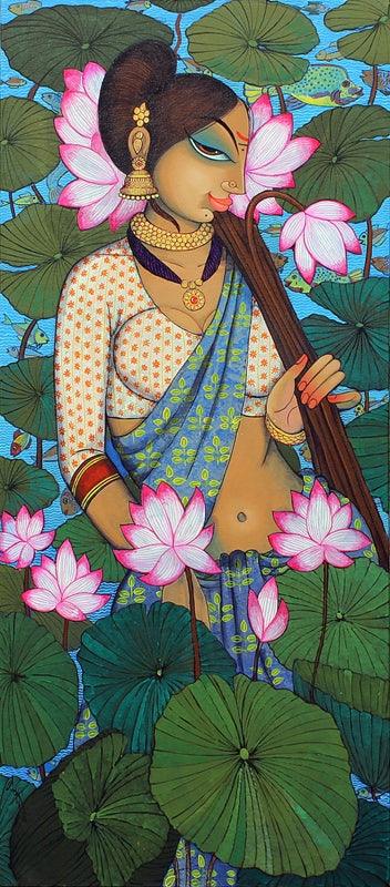 Figurative acrylic painting titled 'Beauty And Lotus 1', 52x24 inches, by artist Varsha Kharatamal on Canvas