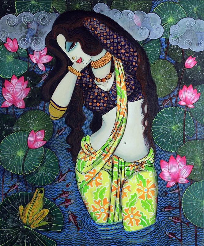 Figurative acrylic painting titled 'Beauty And Lotus 3', 36x30 inches, by artist Varsha Kharatamal on Canvas