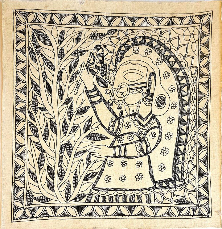 Folk Art madhubani traditional art titled 'Beauty In Bloom', 8x8 inches, by artist Kailash Devi on Handmade Paper