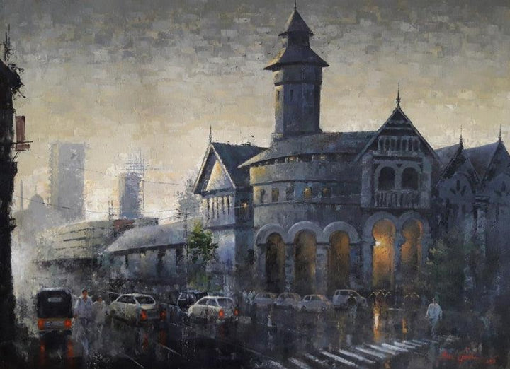 Cityscape acrylic painting titled 'Beauty Of Dark', 22x30 inches, by artist Atul Gendle on Paper