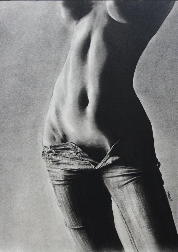 Nude charcoal drawing titled 'Beauty OF Jeans Effect', 18x25 inches, by artist NILESH GAVALE on Paper