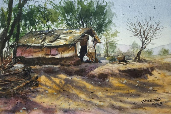 Landscape watercolor painting titled 'Beauty of Rural House', 12x8 inches, by artist Niketan Bhalerao on Paper