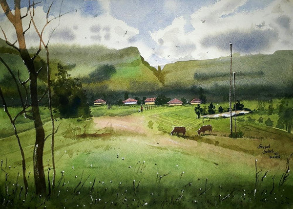 Landscape watercolor painting titled 'Beauty of village', 12x16 inches, by artist Sohel Sayyad on paper