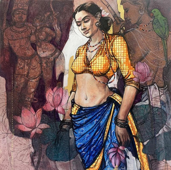 Figurative acrylic charcoal painting titled 'Beauty (Rati)', 30x30 inches, by artist Ramchandra Kharatmal on Canvas