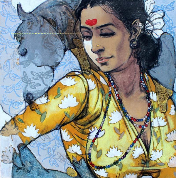 Figurative acrylic charcoal painting titled 'Beauty Series', 18x18 inches, by artist Ramchandra Kharatmal on Canvas