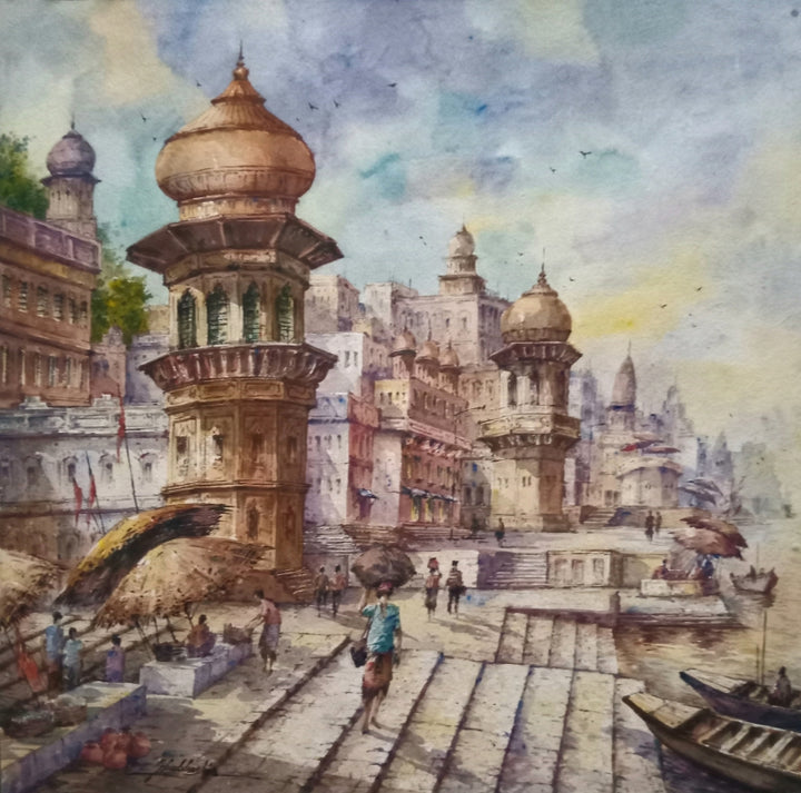 Religious watercolor painting titled 'The Beauty Of Varanasi 1', 22x22 inch, by artist Shubhashis Mandal on Handmade Paper