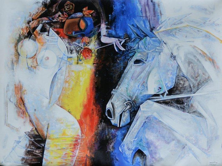 Figurative acrylic painting titled 'Beauty with Horse', 36x48 inches, by artist Vishal Phasale on Canvas