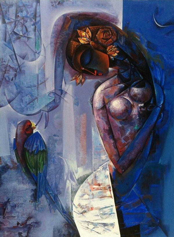 Figurative acrylic painting titled 'Beauty with Macaw', 48x36 inches, by artist Vishal Phasale on Canvas