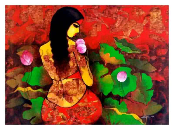 Figurative acrylic painting titled 'Beauty With Nature', 36x48 inches, by artist Mukesh Salvi on Canvas