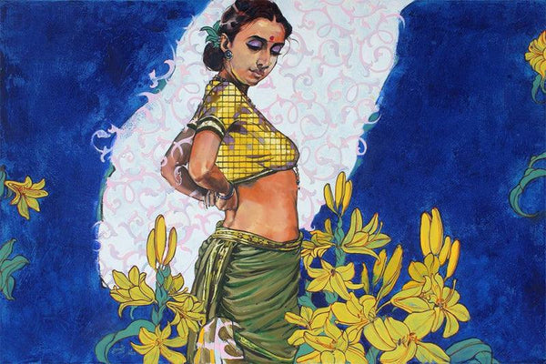 Figurative oil painting titled 'Beauty With Yellow Flowers', 24x36 inches, by artist Ramchandra Kharatmal on Canvas
