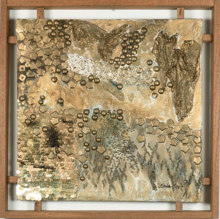 Abstract mixed media titled 'Bedrock', 24x24 inches, by artist Veena Advani on Canvas