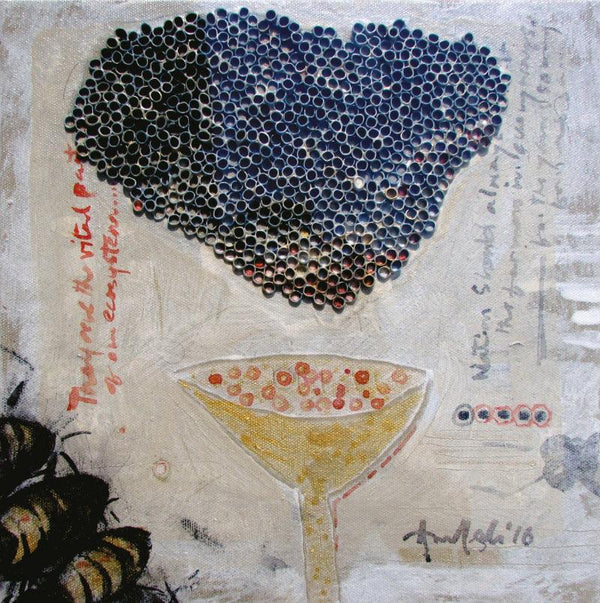 contemporary mixed media painting titled 'Bee Hive', 12x12 inches, by artist Amalesh Das on Canvas Board