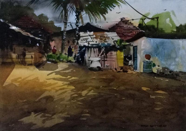 Landscape watercolor painting titled 'Before The Rain', 11x15 inches, by artist Kiran Gunjkar on Handmade Paper