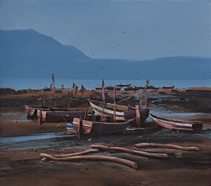 Seascape acrylic painting titled 'Beginning 1', 27x24 inches, by artist Mangesh Shinde on Canvas