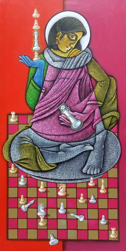 Figurative acrylic painting titled 'Being Queen', 48x24 inches, by artist Satyajeet Shinde on Canvas