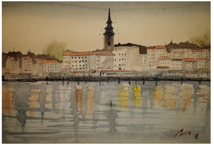 Cityscape watercolor painting titled 'Belgrade Serbia', 7x11 inches, by artist Arunava Ray on Paper