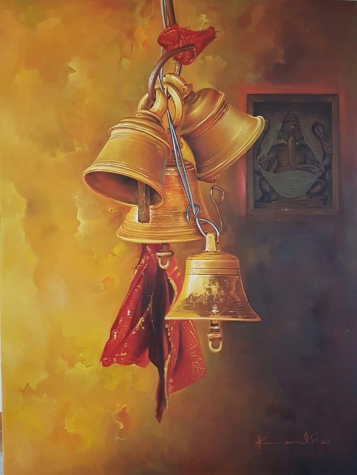 Religious oil painting titled 'Bells and Ganesha 2', 36x48 inches, by artist Kamal Rao on Canvas