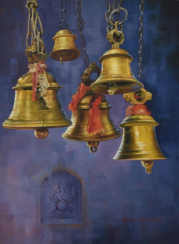 Religious oil painting titled 'Bells and Ganesha II', 48x36 inches, by artist Kamal Rao on Canvas